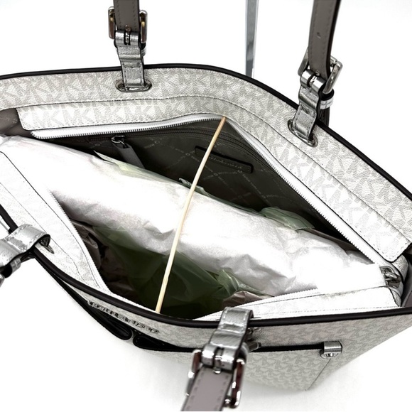 Michael Kors Jet Set Medium Logo Pocket Tote Bag Vanilla/Grey - Picture 9 of 13